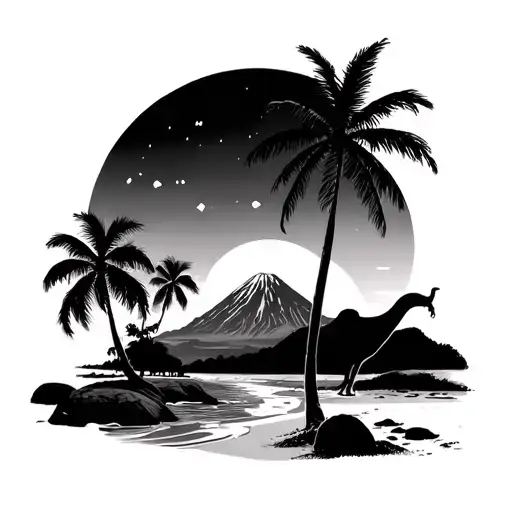 Kilimandjaro, Palm tree, beach, sunset scene and animals  tattoo design idea