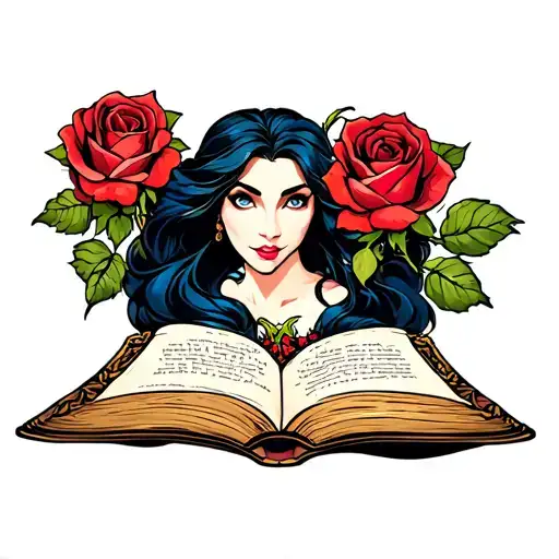 beauty and the beast with a rose and books surrounded tattoo design idea