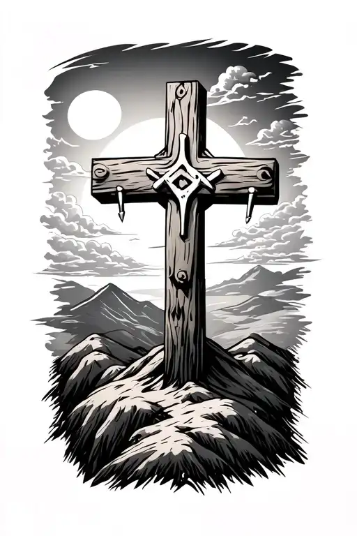 wooden cross on hills with three nails at the foot, sun and clouds in the background tattoo design idea