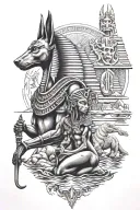 Egyptian gods, Anubis and Osiris and Isis and Set and Ra and Horus against the backdrop of a river tattoo design idea