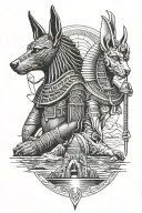 Egyptian gods, Anubis and Osiris and Isis and Set and Ra and Horus against the backdrop of a river tattoo design idea