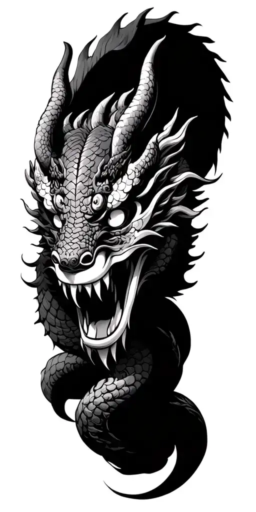 japanese oni mask with dragon wrapped loosely intertwined snakes tattoo design idea