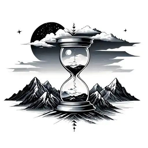 An hourglass surrounded by mountain peaks and a moon in the sky tattoo design idea