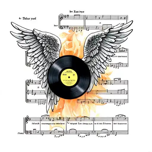 angel wings, vinyl record, sheet music notes, never too late tattoo design idea