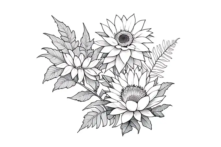 plant combo: fern leaf, 3 lotus flowers going from close to open, and sunflower surrounded by cherry blossom & leaves tattoo design idea