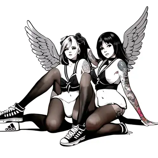 two sexy sailor girls with wings in short skirt & stockings, adidas trainers, about 5ft 4in, shoulder length hair, with tattoo design idea