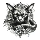 Aggressive snake wrapping around a sphinx cat, neat flowers in the background, in graphic style tattoo design idea
