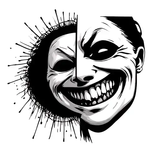 half smiling mask half crying cut connected with threads where the smiling part is frightening tattoo design idea