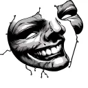 half smiling mask half crying cut connected with threads where the smiling part is frightening tattoo design idea