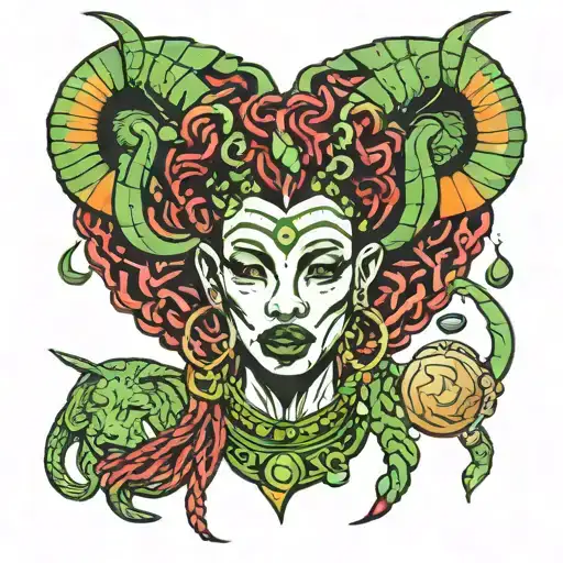African Capricorn women with green locs tattoo design idea