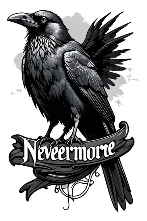 a raven with the word nevermore script tattoo design idea