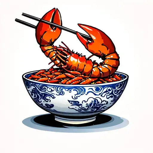 a lobster eating a bowl filled with small lobsters with chopsticks tattoo design idea
