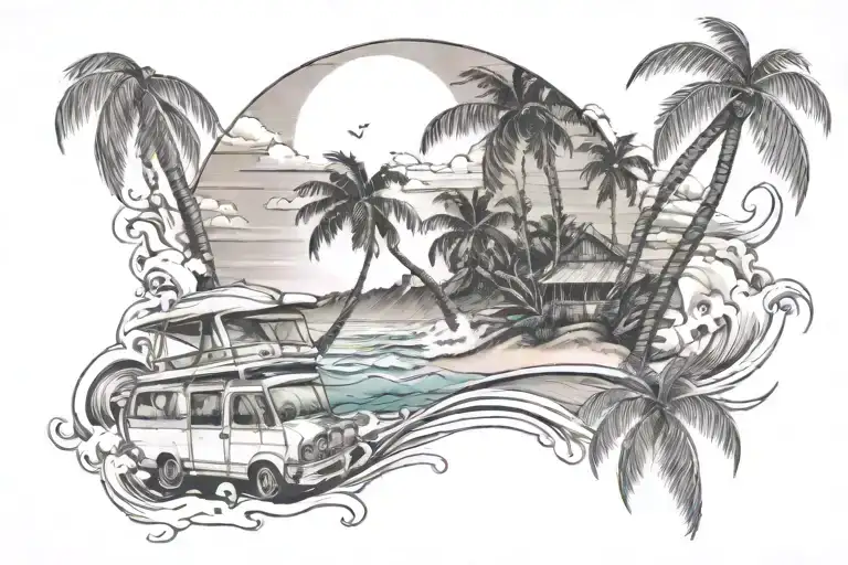 surf mood and beach scene with palm tattoo design idea