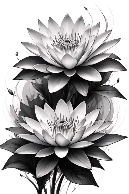waterlily and larkspur flowers with a lot of background Smokey shading add more wispy Smokey waves shading tattoo design idea