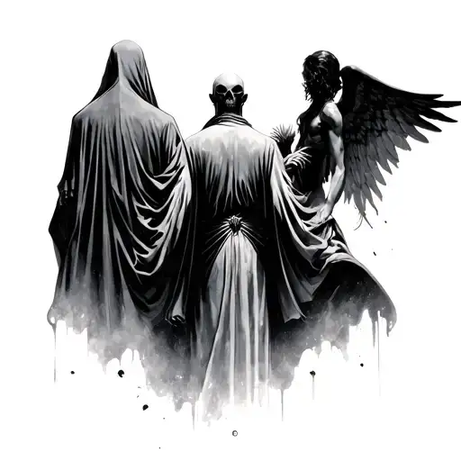 cloaked death with his back facing me standing to the left of a man with an angel standing to the man's right. tattoo design idea