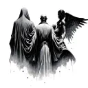 cloaked death with his back facing me standing to the left of a man with an angel standing to the man's right. tattoo design idea