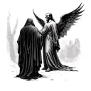 cloaked death with his back facing me standing to the left of a man with an angel standing to the man's right. tattoo design idea