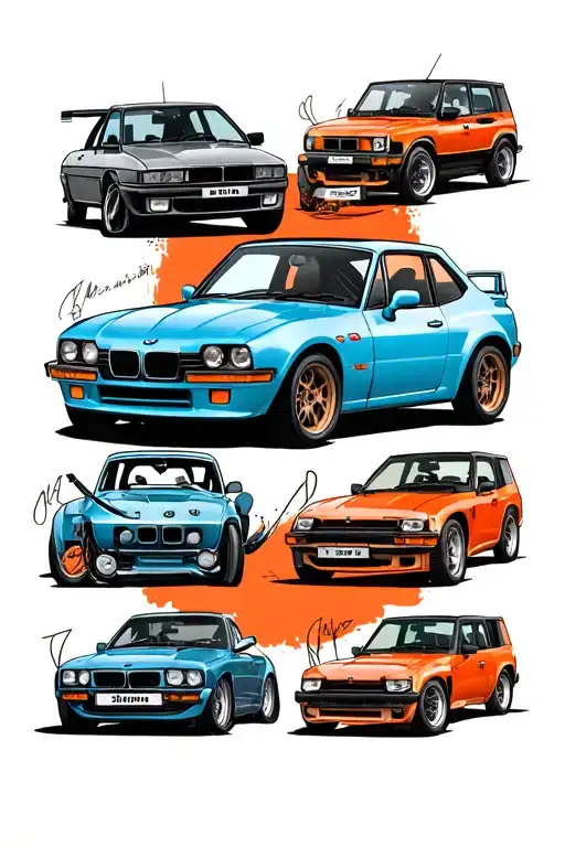 a 120y datsun, a BMW Z3, a Hayabusa, a landrover discovery 1, a Mk 1 volkswagen tattoo design idea
