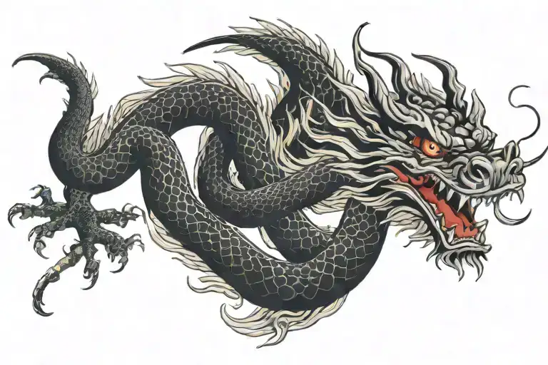 black japanesee dragon with long body and without wings tattoo design idea