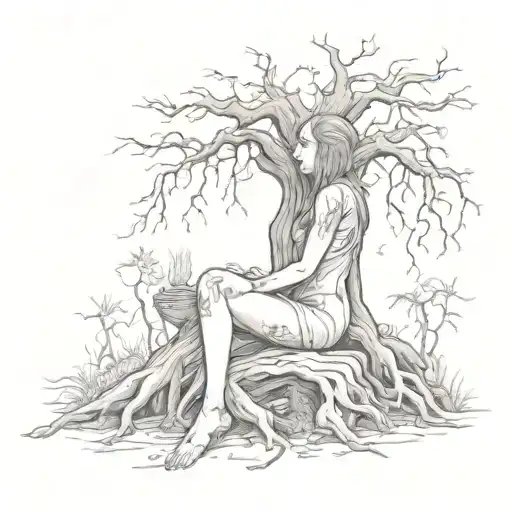 poison tree with woman posinn as stump looking tattoo design idea