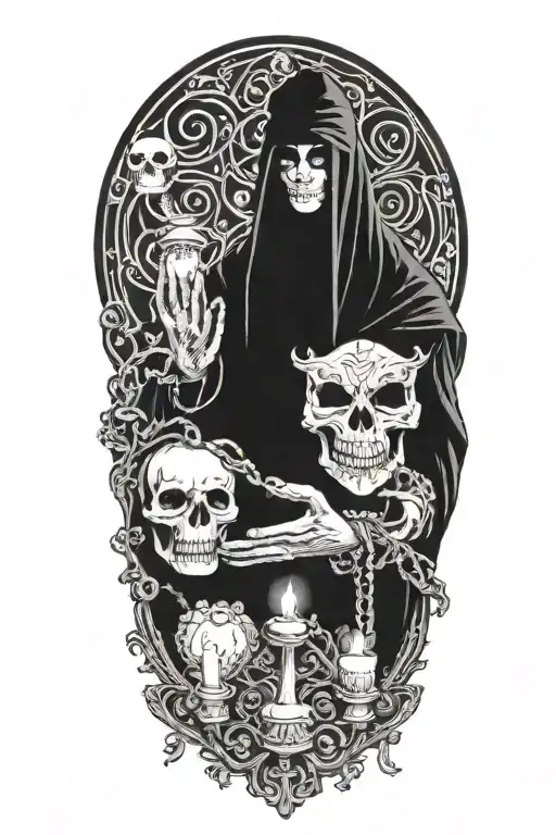Masked male cultist performing ritual, jewelry, tarot cards, candles tattoo design idea