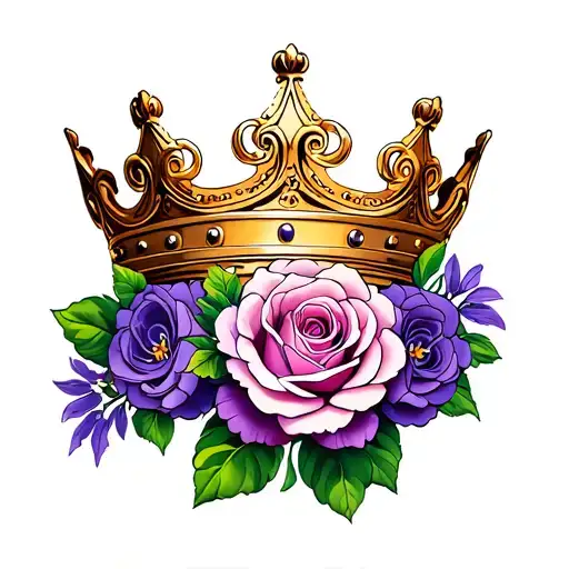 crown with rose flower and violet flower tattoo design idea