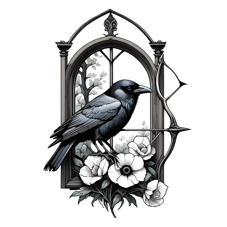 Gothic window with a raven perched on a bow and arrow with narcissus and poppy flowers tattoo design idea