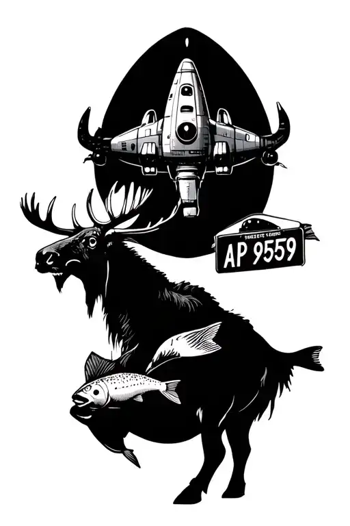 spaceship with alien abducting a moose. spaceship has license plate saying "AP 99559". include a salmon and liquor. tattoo design idea