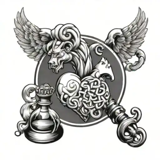 conceptual tattoo of chain heart Greek god symbol in alchemy chess piece and brain tattoo design idea