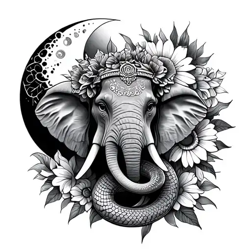 elephant head, snake, flowers, sun, and moon tattoo design idea