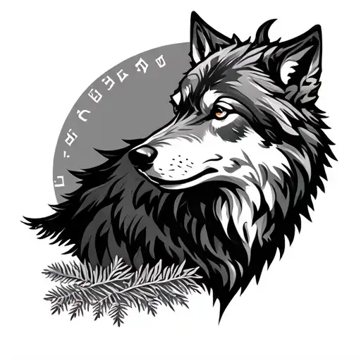 fir tree forest, wolf, runes and slavic symbols tattoo design idea