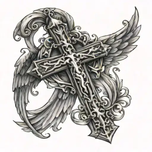 christian cross with angel tattoo design idea