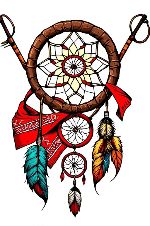 red bandana fishing poles dream catcher tattoo design idea