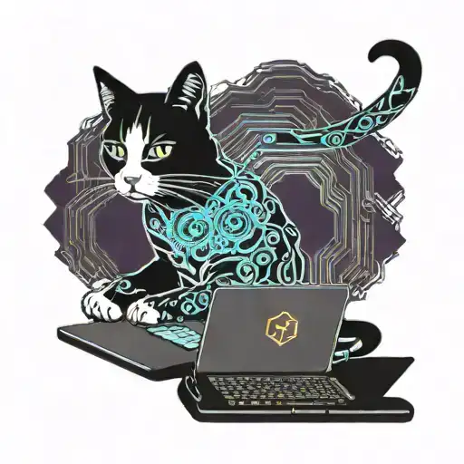A tattoo of a cat programmer coding on a laptop with digital code swirling around them tattoo design idea