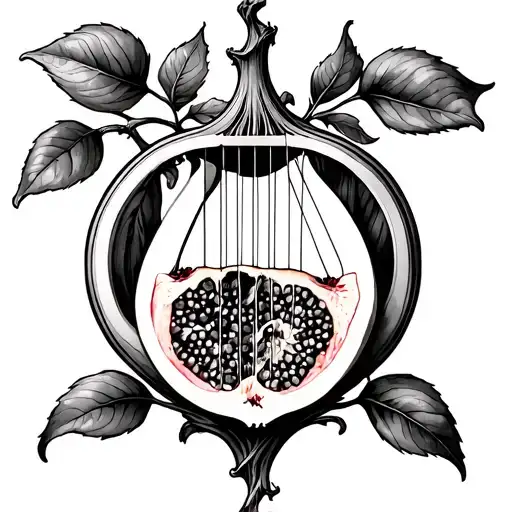 fig, pomegranate, and lyre tattoo design idea