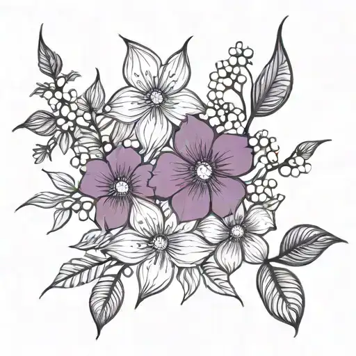 Feminine tattoo filler background with violet and Hawthorne flowers in black and white with no gaps  tattoo design idea
