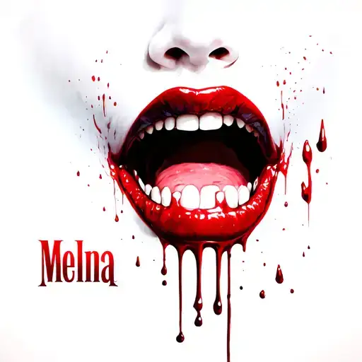 vampire bite marks with blood dripping that spells the word Melina tattoo design idea