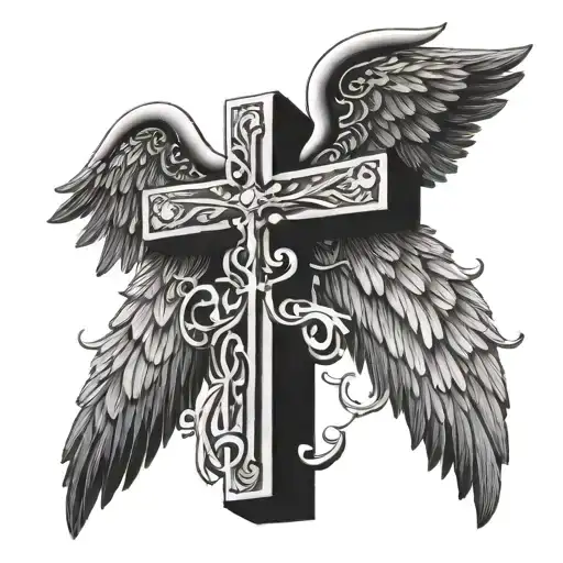 a cross with angel wings and hands holding tattoo design idea