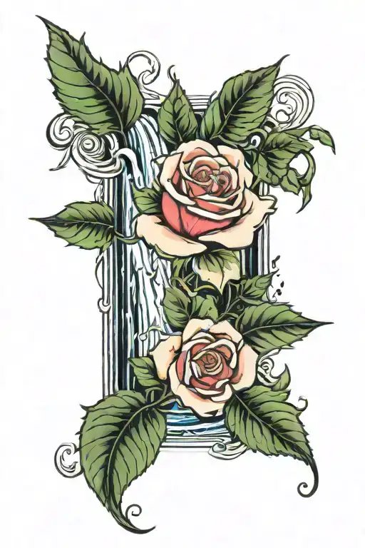 waterfall, one rose at bottom and ivy leaves growing tattoo design idea