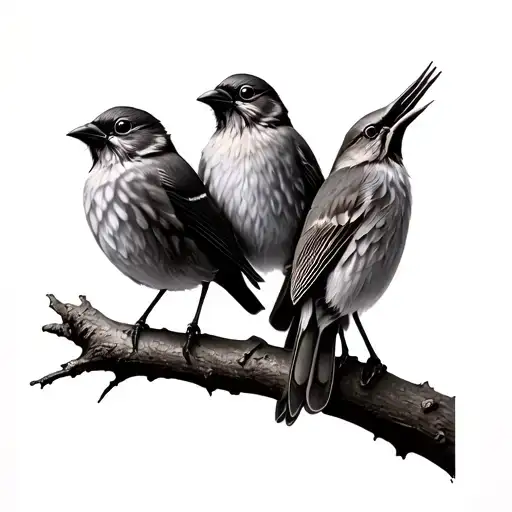 3 small birds on a tree branch. tattoo design idea