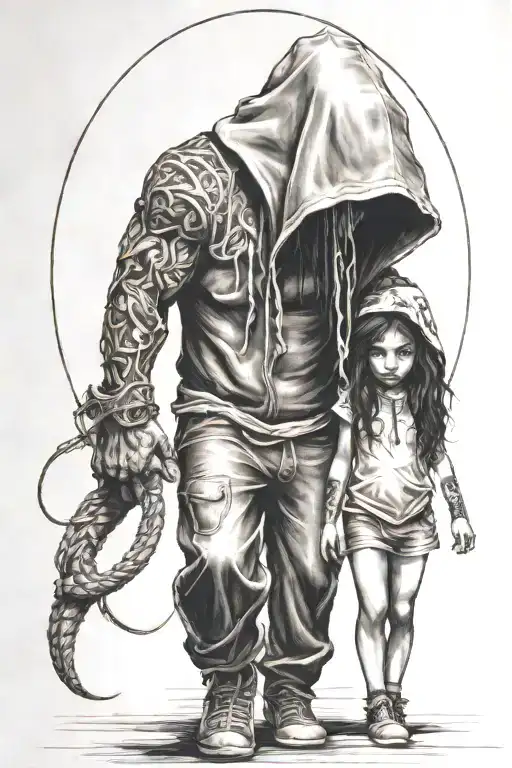 a girl and a huge hooded beast walking side by side tattoo design idea