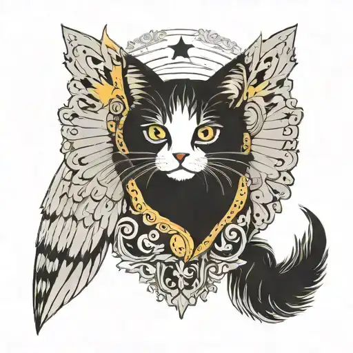 black fur cat, angel wings, white chest, grey stripes, half moon, stars tattoo design idea