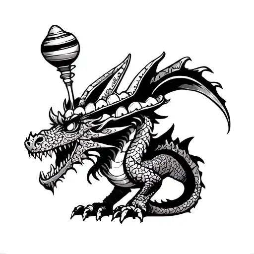 tattoos from shoulder to elbow. An evil, brutal dragon with maracas and sombreros. tattoo design idea