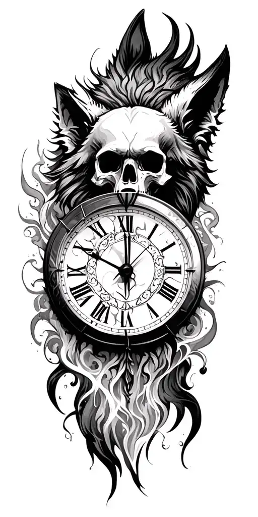 wolf time clock skull tattoo design idea