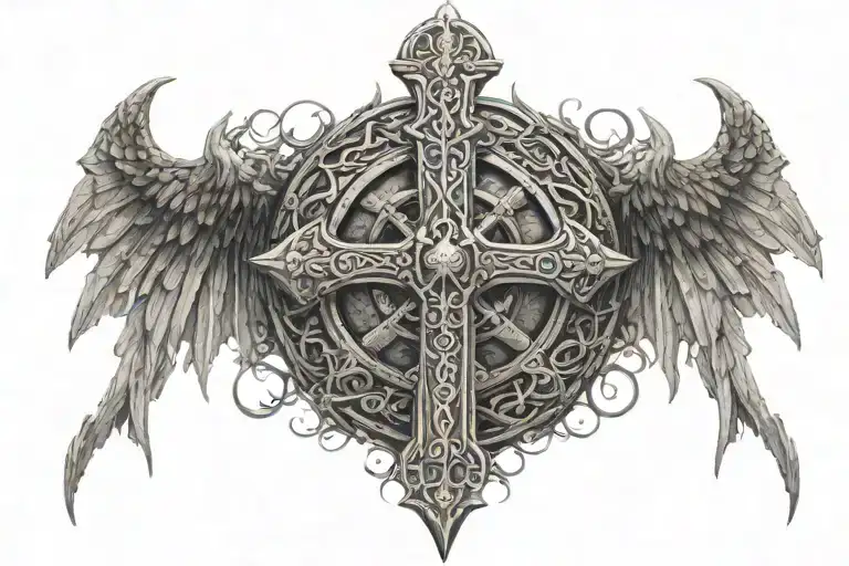 a cross viking sword with crown and long wings and a circle dragon shaped around it tattoo design idea