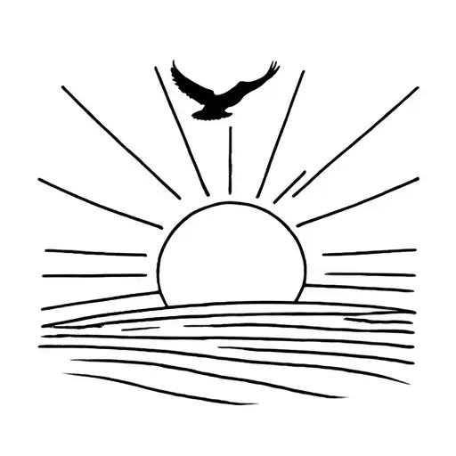 black inkt, simple design, a sunset with a hawk flying in front of some of the sunrays tattoo design idea