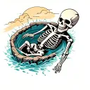 bird's eye view of a skeleton falling down a well tattoo design idea