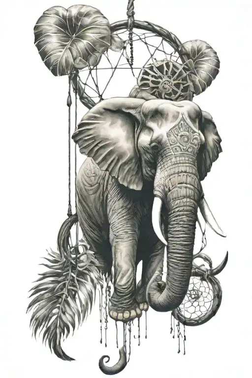 elephant head hanging on a big dream catcher tattoo design idea