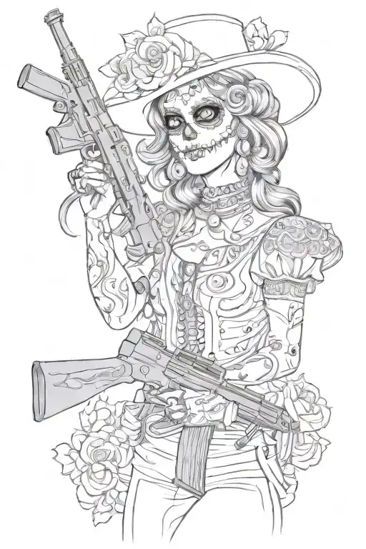 sugar skull lady holding army gun tattoo design idea