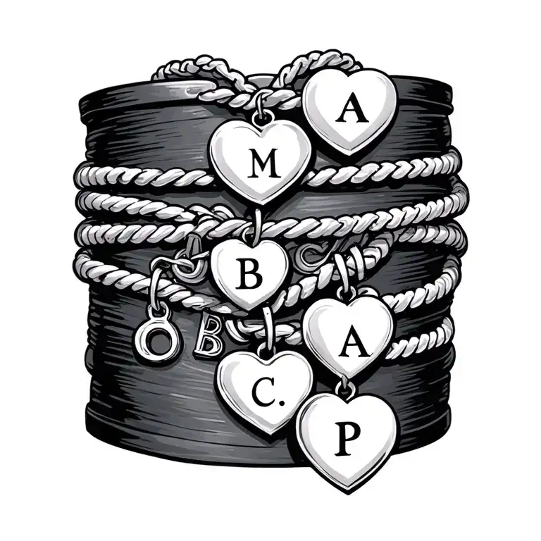 A bracelet tattoo with a Mamaw heart charm with the initials A,B,A,B,A,C,P as charms in cursive with 2 other fine line b tattoo design idea